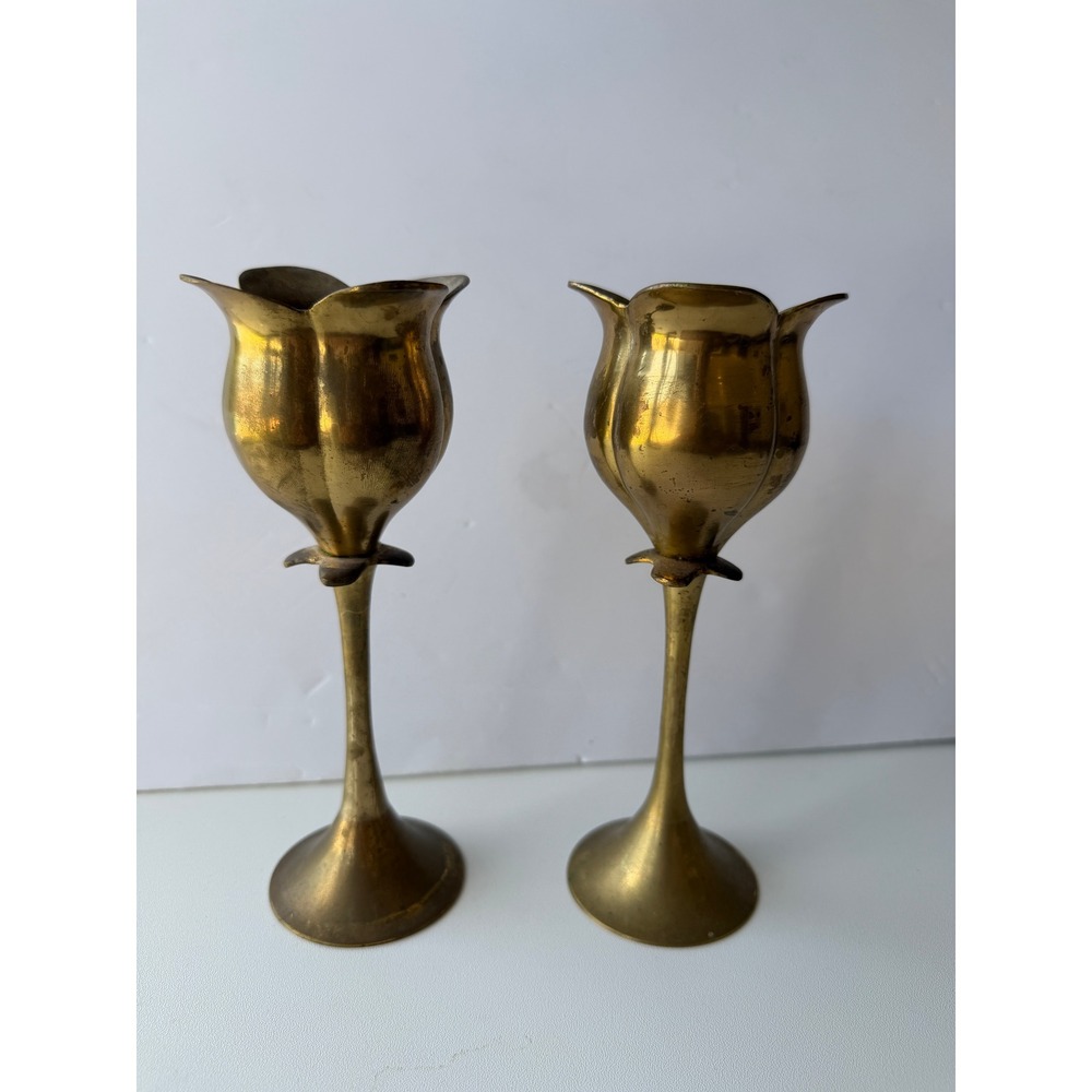 VTG Hampton Brass India Tulip Candlestick Holders Set of 2 Floral 7.5"